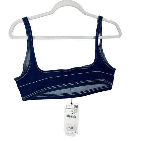 NWT Zara Denim Bralette Large Dark Blue Stretch Bra Crop Tank Top Womens L NEW - Picture 4 of 12